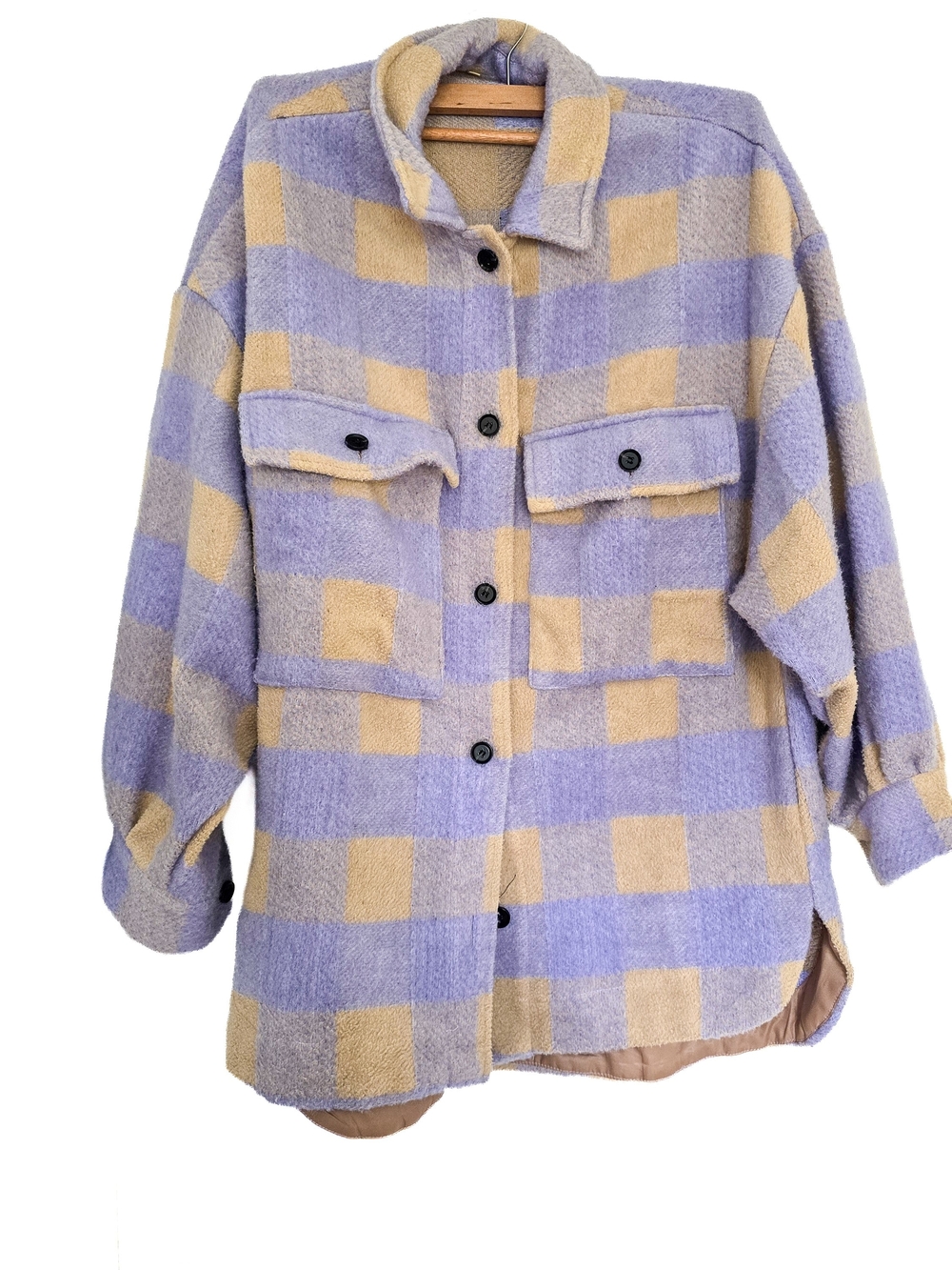 Distressed Plaid Oversized Shacket – Lavender Beige